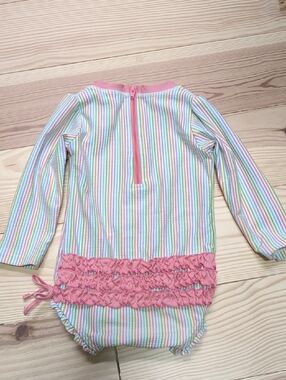 Long-Sleeve Pastel Stripe Girls One-Piece Swimsuit with Pink Ruffle